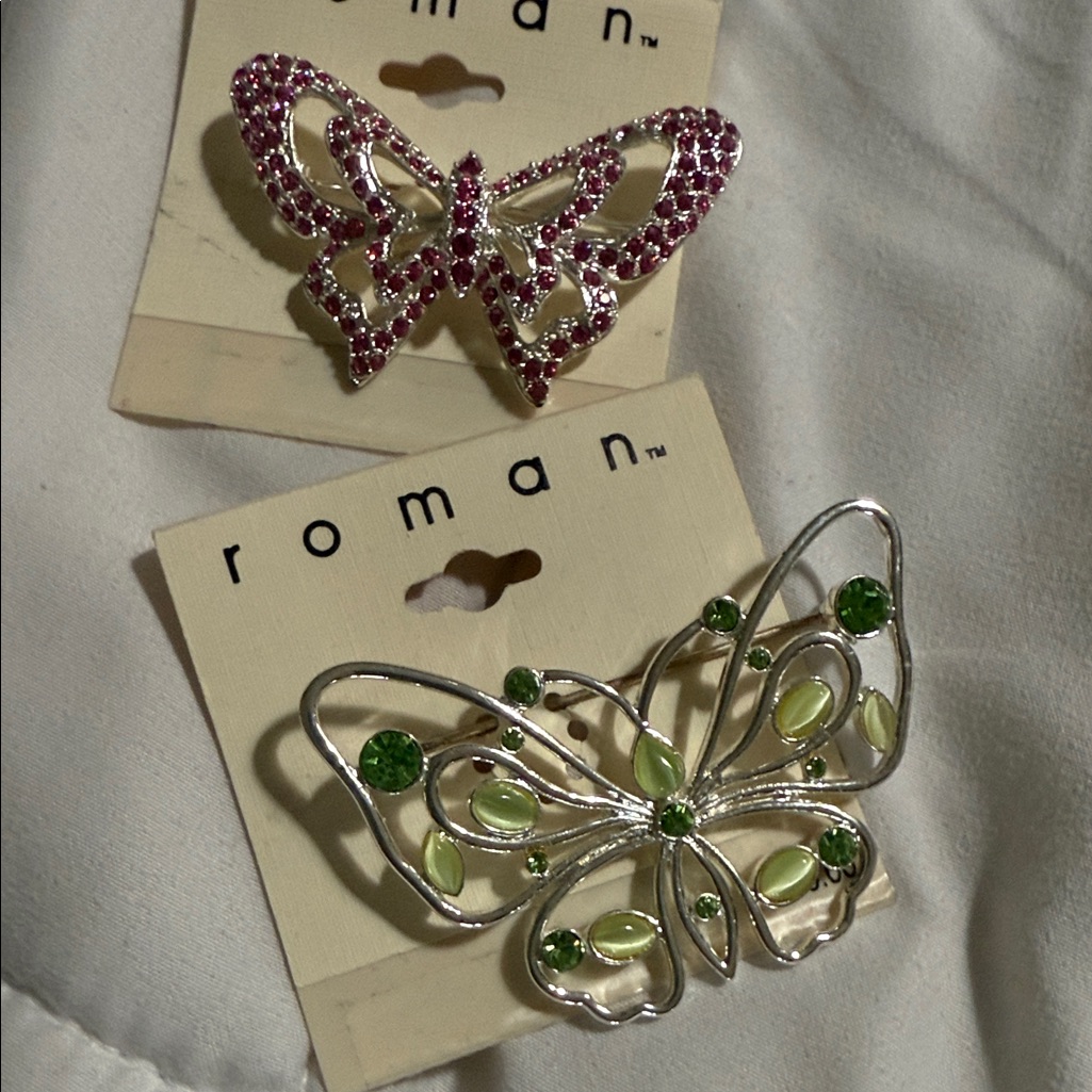Roma Pink And Green Butterfly Brooch Duo